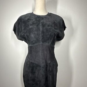 Lauren Alexandra Vintage Leather Black Pleated Corset Fit Midi Dress XS Pockets